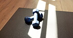 Yoga, equipment and weights with mat in studio for fitness, workout and morning routine. Empty room, sunlight and floor with dumbbells for exercise, physical activity and pilates in wellness center