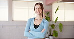 Face, yoga coach or happy woman with arms crossed in studio for fitness, pride or wellness training. Portrait, confident or holistic instructor with smile in health club, mobility workout or exercise