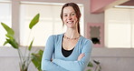 Face, yoga instructor or happy woman with arms crossed in studio for fitness, pride or wellness training. Portrait, confident or holistic coach with smile in health club, mobility workout or exercise