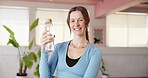 Face, yoga and coach with water bottle in studio for fitness training, hydration or wellness practice. Portrait, happy woman or holistic instructor with liquid, refreshing drink or workout for health