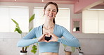 Face, fitness and woman with heart hands in studio for health, wellness gesture and holistic. Portrait, love sign and person in exercise club with symbol for care, support or motivation for practice