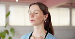 Breathing, meditation and woman in studio, yoga and fitness with wellness, break and rest. Person, health club and calm with workout, relax and stress relief with balance, energy training and chakra