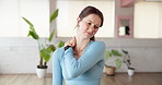 Injury, fitness or woman with shoulder pain in yoga studio, accident or fibromyalgia. Health problem, sore or person in exercise club with inflammation, muscle tension or joint massage for discomfort