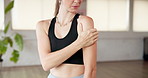 Hands, woman and arm pain with fitness injury in yoga studio, accident and fibromyalgia. Health problem, sore and person in exercise club with inflammation, muscle tension and massage for ache