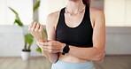 Yoga, wrist pain and hands of woman in studio for stretching mistake, joint issue and fibromyalgia. Sprain emergency, health crisis and bone accident with person in class for injury and inflammation