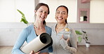 Woman, face and friends at gym with yoga mat, water and confidence at pilates class for wellness. Girl, happy and excited together in portrait with bottle, gear or exercise equipment at health club