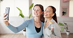 Women, friends and selfie in studio with fitness influencer, laugh or social media post. Exercise club, picture and happy girls together with water bottle for health, wellness photo and funny memory