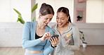 Women, phone and friends at gym with laugh, funny video or meme on social media at pilates class. Girl, smartphone and together on mobile app, joke or gossip on break with fitness at wellness studio