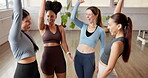 Support, hands together and pilates with friends in class for fitness, motivation and community. Wellness, team building and applause with people in yoga studio for diversity, solidarity and health 