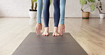 Yoga mat, hands and stretching in studio for wellness, health and person with holistic workout. Yogi, woman and exercise for flexibility, practice and pilates for balance with feet in fitness club