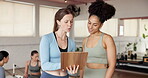 Fitness, clipboard or women in studio with discussion, planning or sign up for personal training class. Pilates, conversation or coach in gym with checklist, recruitment or agreement in contract.
