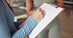 Writing, hands and clipboard for pilates sign up with membership, personal details or registration. Women, client and instructor with paperwork in studio for application, fitness contract and policy