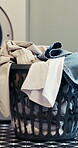Laundry, basket and washing of dirty clothes for hygiene, cleaning fabric and fresh linen. Empty, apartment or electrical machine of garment sanitation, domestic chores and housework routine at house