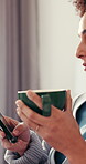 Relax, phone and coffee with woman in home for social media, communicate and connection. Online chat forum, contact and profile update with person in apartment for notification, app and drinking tea