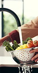 Hands, cleaning or vegetables in kitchen sink with water for meal prep, fresh food or healthy nutrition. Person, ingredients or wash for dirt removal, bacteria prevention or cooking hygiene in home.