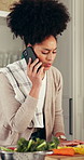 Cooking, phone call and question with woman in kitchen of home for online culinary class or recipe. Conversation, instructions and vegetables with person in apartment for diet, health or nutrition