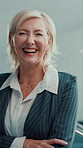 Face, businesswoman and smile in office with arms crossed, career development and opportunity. Happy, confident and mature person in workplace for management promotion, job satisfaction and about us.