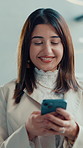 Happy, business and woman with phone in office for research, social media and finance report. Female person, laugh and mobile for funny feedback, schedule update and review budget of investment email