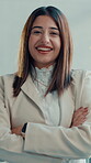 Business woman, face and arms crossed for about us, career development or opportunity at law firm. Happy lawyer, professional portrait and pride with confidence and laugh for growth in legal industry