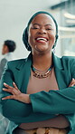 Face, black woman or smile in office with arms crossed for human rights justice, advocacy or law career. Confident, African person and attorney in workplace for legal empowerment, equality and pride.