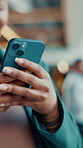 Phone, typing and hands of business person in office for communication, client email and online news. Digital report, connection and networking app with employee and mobile in agency for text message