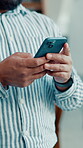 Phone, texting and hands of business person in office for communication, client email and online news. Digital report, connection and networking app with employee and mobile in agency for contact
