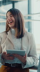 Business, woman and smile with tablet in meeting for discussion, planning and editor feedback. Female person, laughing and digital for funny joke, schedule update and review article for publication
