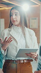 Speaker, tablet and meeting with business woman in office for project update, discussion and review. Conversation, collaboration and research with employee in agency for digital feedback and planning