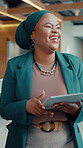 Tablet, laugh and black woman talk in business meeting, joke and financial discussion in workplace. Technology, funny and consultant in office for communication, planning or investment update
