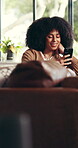 Relax, woman and happy with phone in home for text message, social media post or status update. Research, african person or smartphone on sofa for online browsing, dating app profile or weekend break