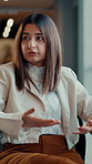 Serious, business woman or talking in office for consultation, explain investment and pitch idea to client. Discussion, economy update and advisor with feedback for strategy, market info and risk