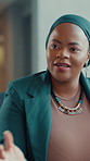 Serious, black woman or speaking in office for consultation, explain investment risk or solution to client. Discussion, economy update or advisor with feedback for strategy, market info or pitch idea