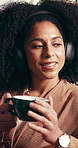 Coffee, music and thinking with woman in living room of home for break, me time or weekend wellness. Beverage, headphones and idea with happy person drinking caffeine in apartment for satisfaction