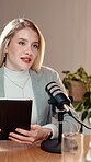 Mic, host or podcast with tablet in studio for news interview, press journalism or live discussion. Content creation, woman and radio show with tech on air for public relations and political platform