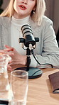 Microphone, podcast and woman in studio, talking and entertainment with content creation. Person, guest and radio with equipment, influencer or media agency with recording broadcast or live streaming