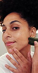 Skincare, face or woman in home with gua sha, facial benefits or massage in self care. POV, jaw tone and girl in bathroom with jade stone, lymphatic drainage and irritation reduction for smooth skin.