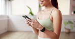 Hands, phone and texting on web at gym for fitness, contact and smile for notification at club. Woman, smartphone and happy with chat, mobile app and scroll for social network post at wellness class