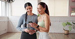 Happy woman, phone and friends with laugh at gym for fitness, contact and excited for notification at club. Person, smartphone and talk with meme, mobile app or social network post at wellness class