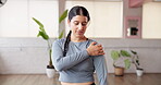 Pilates, shoulder pain and sprain with woman in studio for joint injury, workout accident and fibromyalgia. Exercise emergency, inflammation and tension with person in yoga club or class for bruise