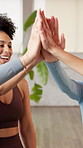 Happy woman, high five and group at gym with motivation, support and applause for fitness club. People, excited and celebration at wellness studio, goals and success for friends at exercise class