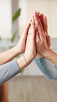 Hands, circle and group at gym for motivation, support or solidarity with community at fitness club. People, team and celebration at wellness studio, goals and success for friends at exercise class