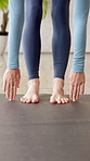 Fitness, stretching and feet of woman in gym with health, wellness or commitment body care. Legs, muscle and girl on yoga mat for warm up in club for morning exercise, workout or balance on floor