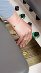 Pilates, machine and hands of person with springs for adjustment for exercise, workout and fitness. Health club, closeup and woman with reformer equipment for practice for wellness, mobility or hobby