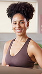 Happy, yoga and face of woman with mat in studio for class, exercise and practice for mobility. Morning, pilates club and portrait of person with equipment and smile for wellness, health or wellbeing