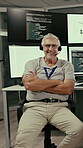 Computer screen, mature and face with man in control room for rocket, engineer and launch coordinator. Flight director, avionics system code and mission report with employee as ground support