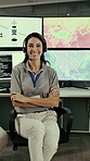 Computer screen, face and smile with woman in control room for climate data analyst, pressure monitor or research. Meteorologist, rocket sensor and mission report with person for weather forecast