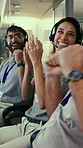 Applause, celebration and headset with people in office for air traffic controller goals or target. Communication, fist pump and success with team clapping in airport tower for achievement or victory