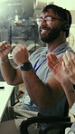 Applause, celebration and headset with man in office for air traffic controller goals or target. Communication, fist pump and success with people clapping in airport tower for achievement or victory