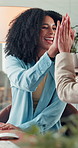 Applause, happy and business women high five with good news, success and feedback for submission. Creative team, media agency and people celebrate for article review, project approval and victory