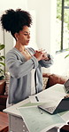Stretching, start and woman work from home with technology, paperwork and exercise at desk. Freelance person, laptop and breathing for entrepreneurship, document and calendar for job in house